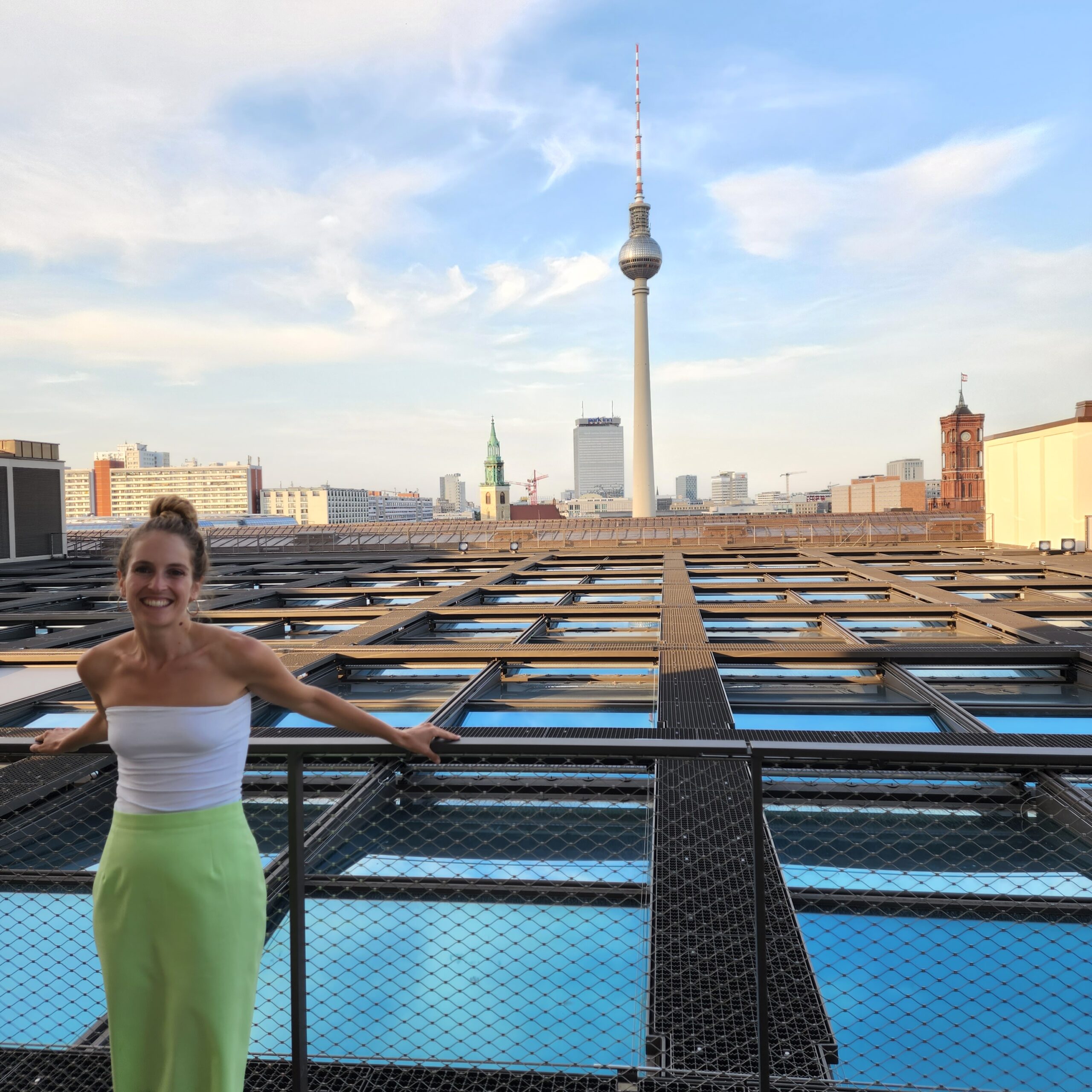 Tina at Humboldt Forum overlooking Alexanderplatz and the Berlin TV Tower